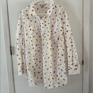 Woman Within white long sleeve button down shirt fall leaves birds Size 2X